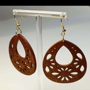 Hollow Water Drop Shape Flower Pattern Retro Boho Dangle Wooden Earrings
